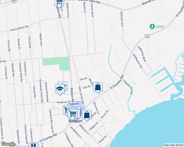 map of restaurants, bars, coffee shops, grocery stores, and more near 16 Maplewood Drive in Bellport