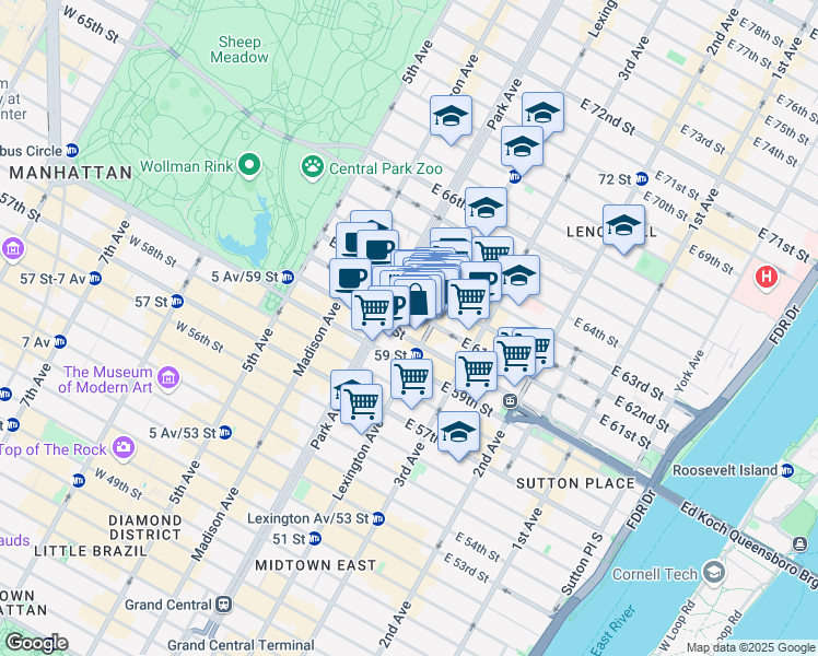 map of restaurants, bars, coffee shops, grocery stores, and more near 115 East 61st Street in New York