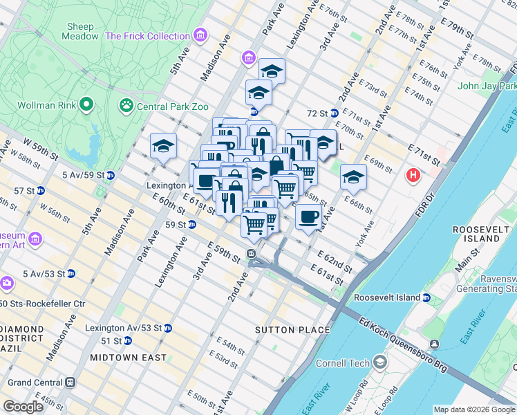 map of restaurants, bars, coffee shops, grocery stores, and more near 210 East 64th Street in New York