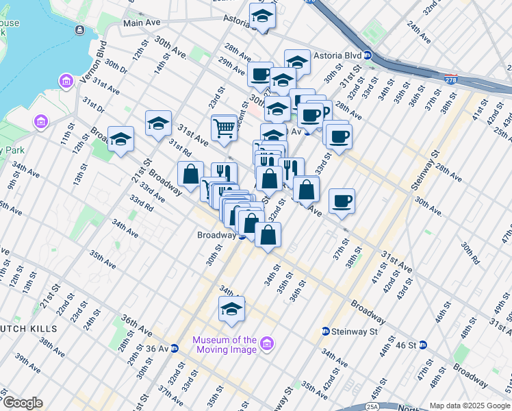 map of restaurants, bars, coffee shops, grocery stores, and more near 31-42 31st Street in Queens