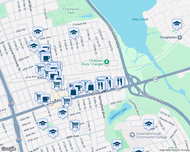 map of restaurants, bars, coffee shops, grocery stores, and more near 41-24 219th Street in Queens