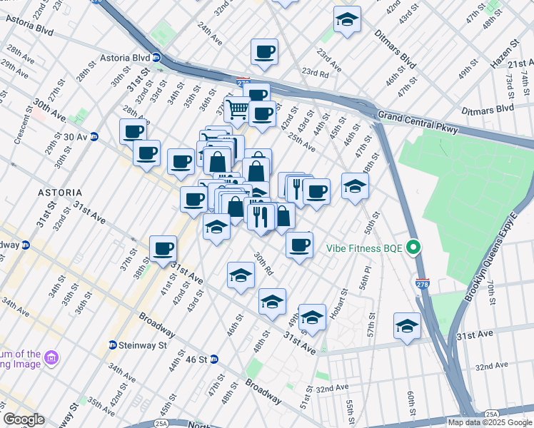 map of restaurants, bars, coffee shops, grocery stores, and more near in Queens