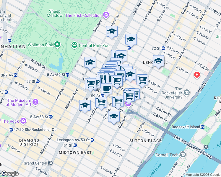 map of restaurants, bars, coffee shops, grocery stores, and more near 141 East 62nd Street in New York