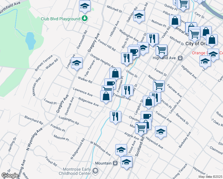 map of restaurants, bars, coffee shops, grocery stores, and more near Walker Road & South Valley Road in West Orange
