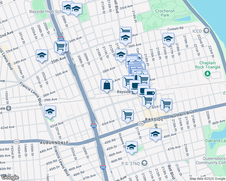 map of restaurants, bars, coffee shops, grocery stores, and more near 209-47 41st Avenue in Queens