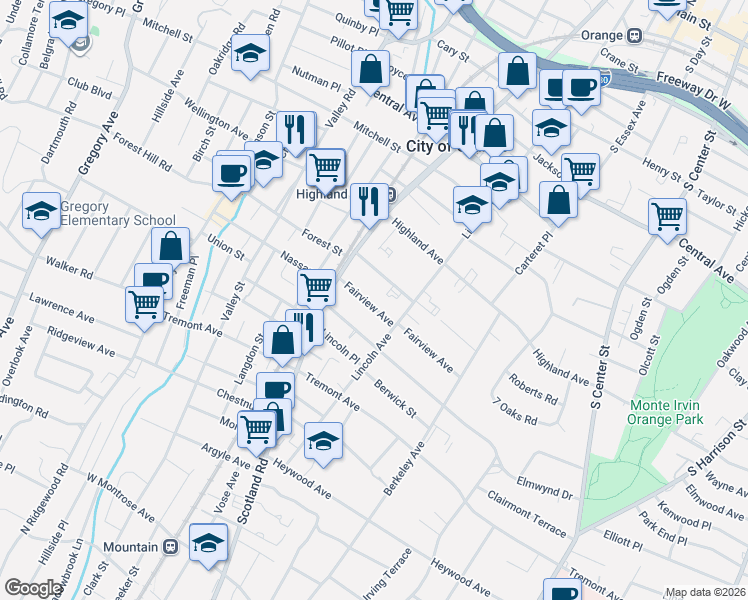 map of restaurants, bars, coffee shops, grocery stores, and more near 470 Mountainview Avenue in City of Orange