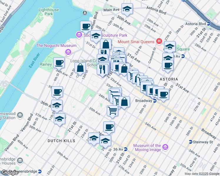 map of restaurants, bars, coffee shops, grocery stores, and more near 21-17 33rd Road in Queens