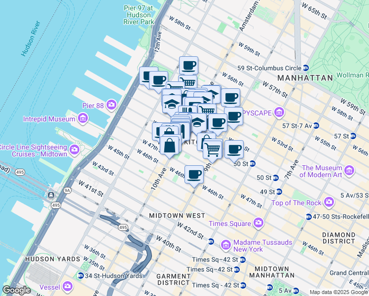 map of restaurants, bars, coffee shops, grocery stores, and more near 449 W 48th St in New York