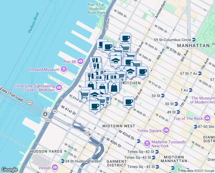 map of restaurants, bars, coffee shops, grocery stores, and more near 546 West 48th Street in New York