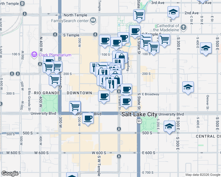 map of restaurants, bars, coffee shops, grocery stores, and more near 44 West Broadway in Salt Lake City