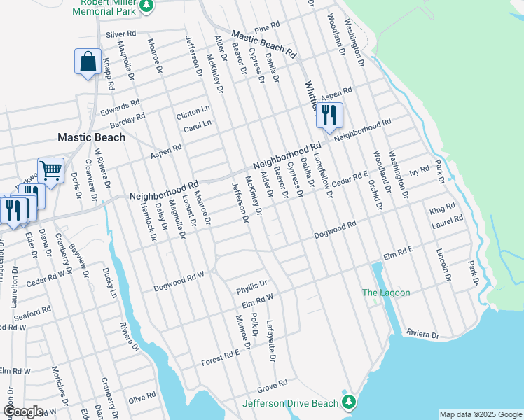 map of restaurants, bars, coffee shops, grocery stores, and more near 34 Alder Drive in Mastic Beach