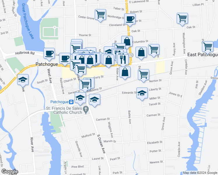 map of restaurants, bars, coffee shops, grocery stores, and more near 74 Academy Street in Patchogue