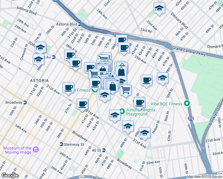 map of restaurants, bars, coffee shops, grocery stores, and more near 28-51 42nd Street in Queens
