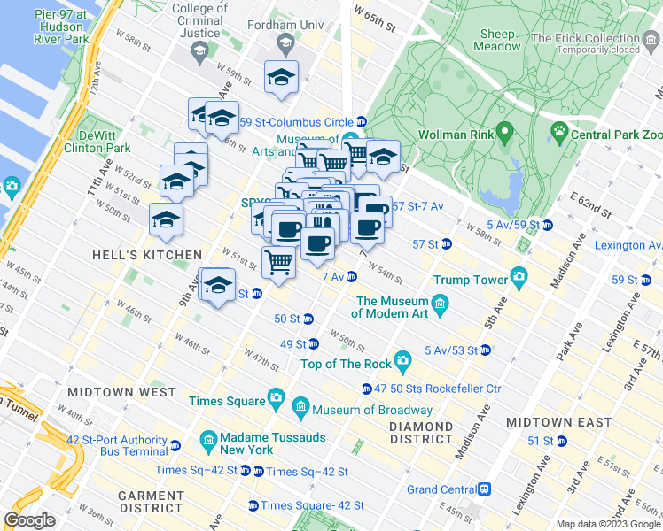 map of restaurants, bars, coffee shops, grocery stores, and more near Broadway & W 53rd St in New York