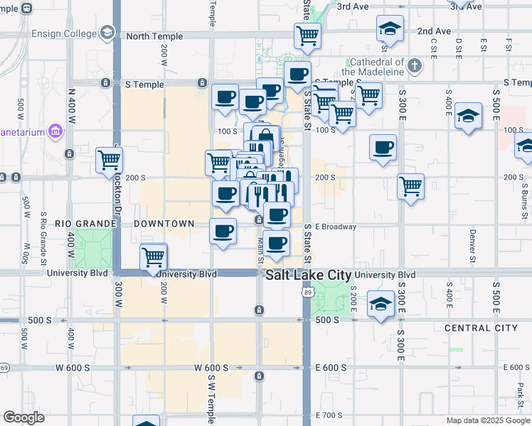 map of restaurants, bars, coffee shops, grocery stores, and more near 268 South Main Street in Salt Lake City