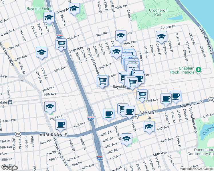 map of restaurants, bars, coffee shops, grocery stores, and more near 209-39 41st Avenue in Queens