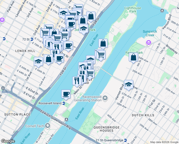 map of restaurants, bars, coffee shops, grocery stores, and more near 625 Main Street in New York