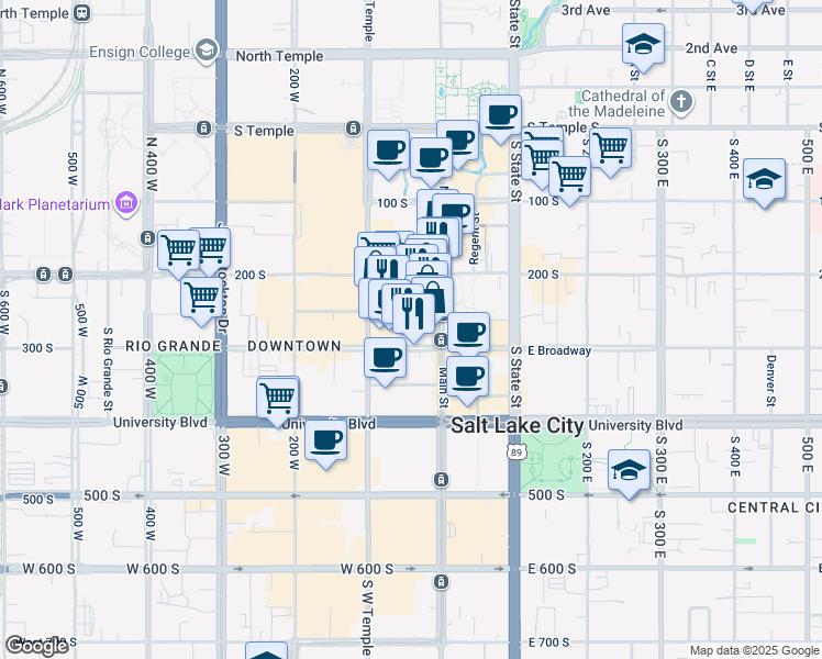 map of restaurants, bars, coffee shops, grocery stores, and more near 44 West Broadway in Salt Lake City