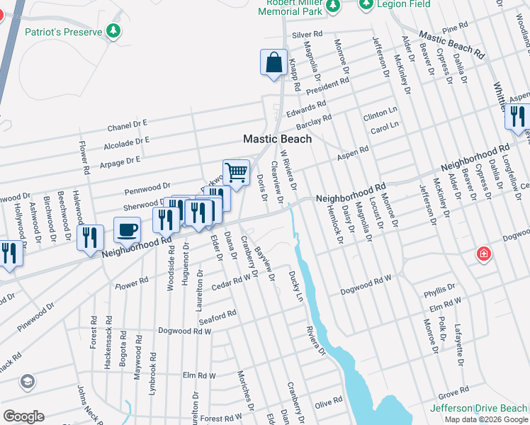map of restaurants, bars, coffee shops, grocery stores, and more near 273 Neighborhood Road in Mastic Beach