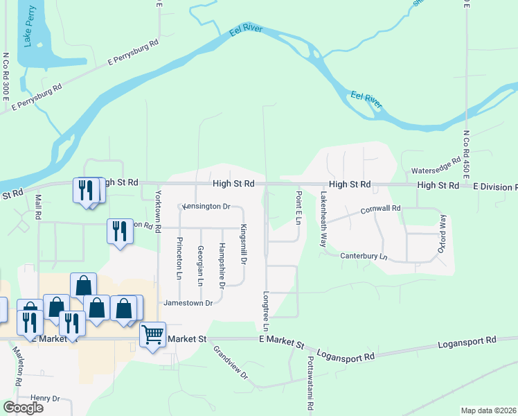 map of restaurants, bars, coffee shops, grocery stores, and more near 508-554 Longtree Lane in Logansport