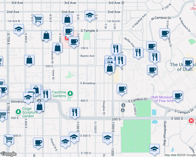 map of restaurants, bars, coffee shops, grocery stores, and more near 235 South 1200 East in Salt Lake City