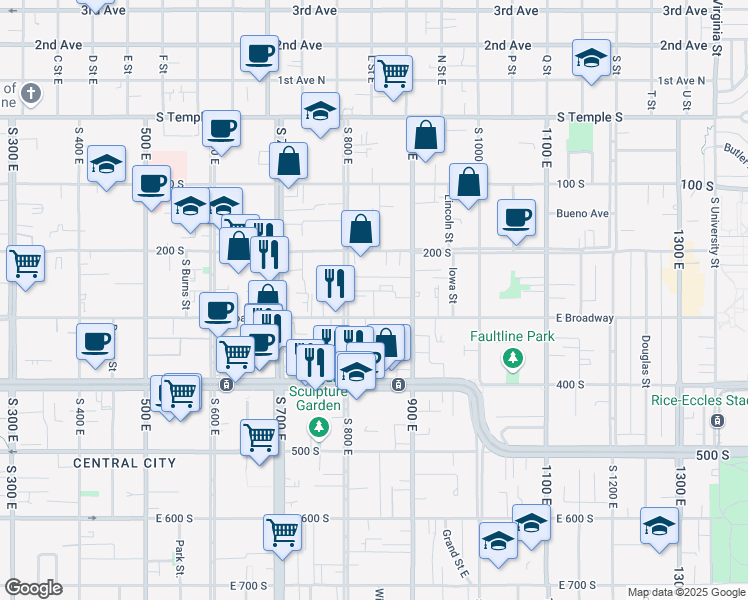 map of restaurants, bars, coffee shops, grocery stores, and more near 830 Menlo Avenue in Salt Lake City