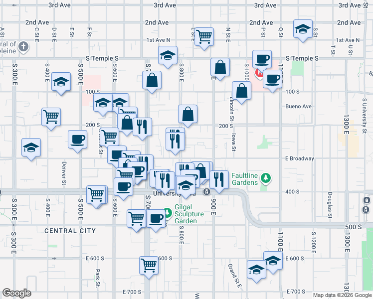 map of restaurants, bars, coffee shops, grocery stores, and more near 830 Menlo Avenue in Salt Lake City