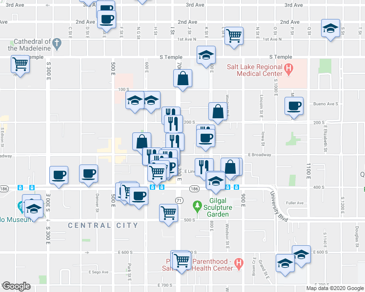 map of restaurants, bars, coffee shops, grocery stores, and more near 732 East 200 South in Salt Lake City
