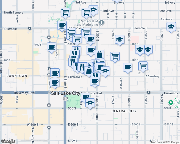 map of restaurants, bars, coffee shops, grocery stores, and more near 250 South 300 East in Salt Lake City