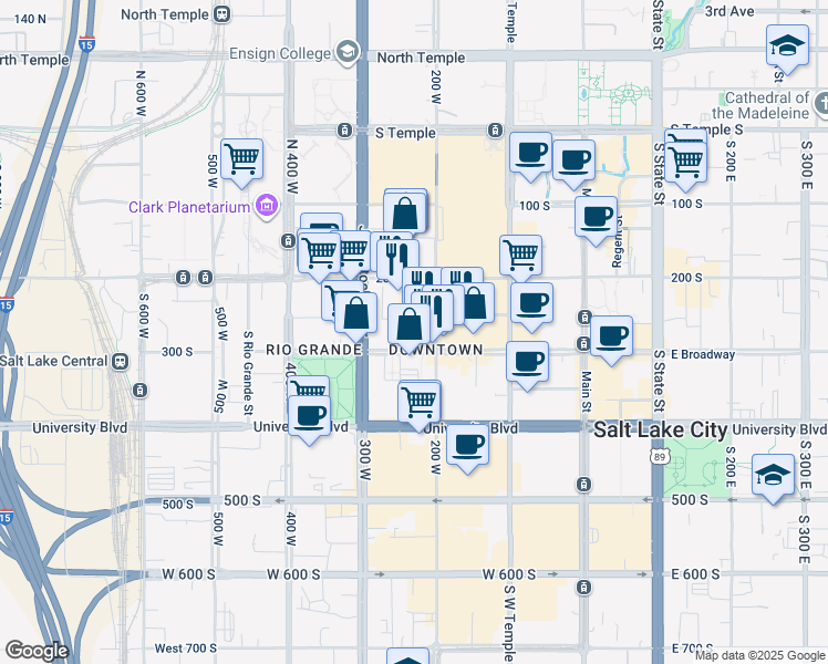 map of restaurants, bars, coffee shops, grocery stores, and more near 224 South 200 West in Salt Lake City