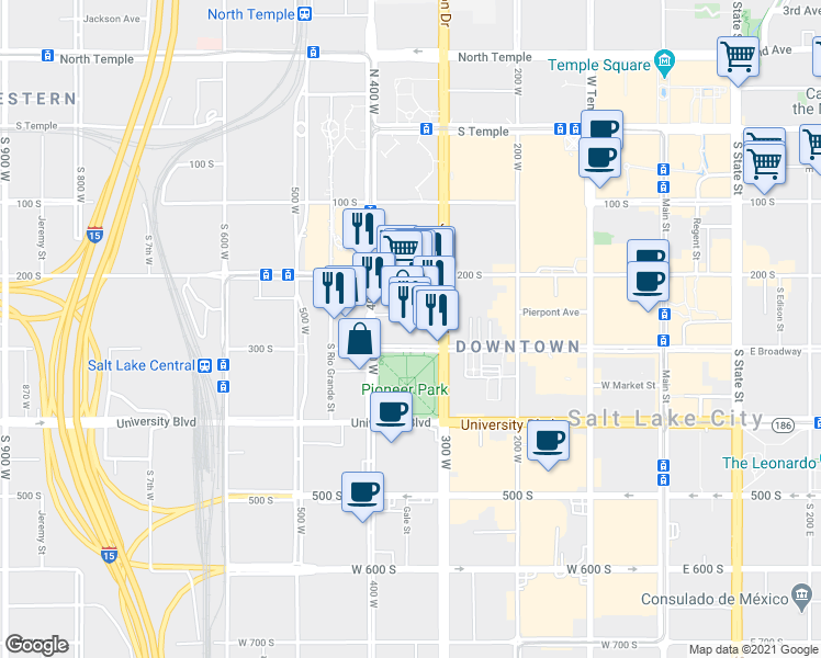 map of restaurants, bars, coffee shops, grocery stores, and more near 346 Pierpont Avenue in Salt Lake City