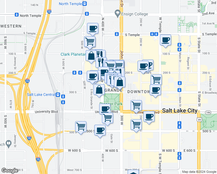 map of restaurants, bars, coffee shops, grocery stores, and more near 346 Pierpont Avenue in Salt Lake City