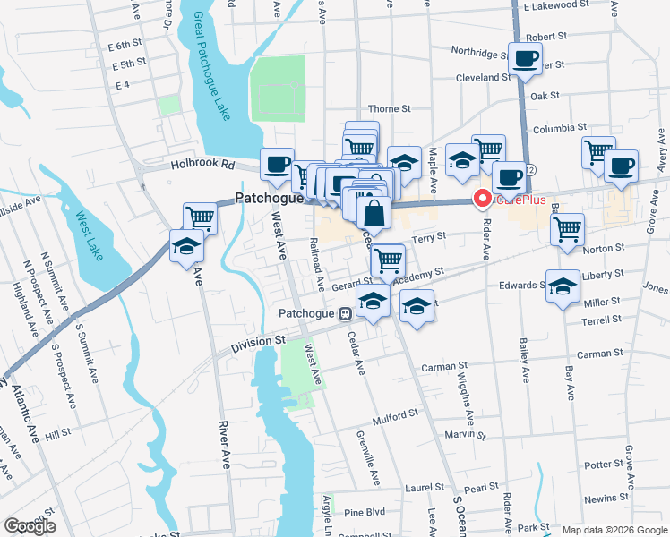map of restaurants, bars, coffee shops, grocery stores, and more near 20 Church Street in Patchogue