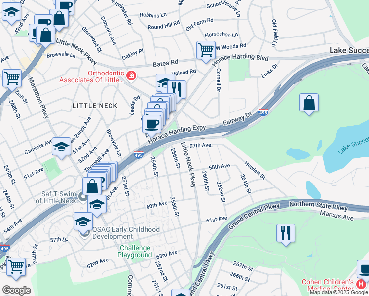 map of restaurants, bars, coffee shops, grocery stores, and more near 57-16 Little Neck Parkway in Queens