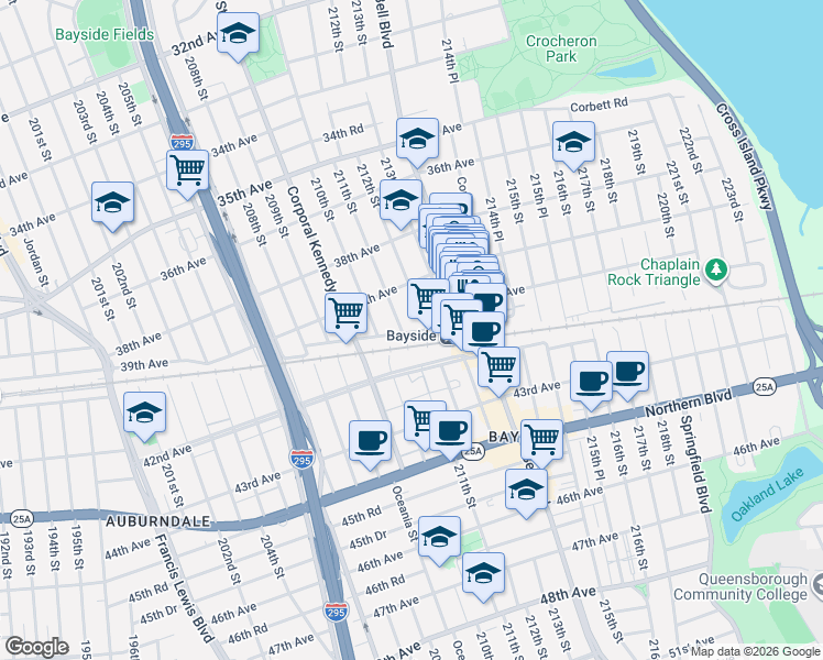 map of restaurants, bars, coffee shops, grocery stores, and more near 39-29 212th Street in Queens