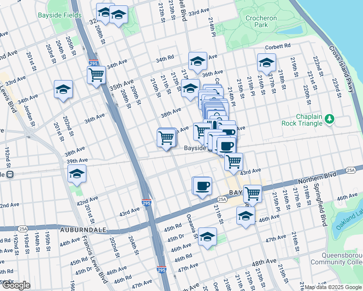 map of restaurants, bars, coffee shops, grocery stores, and more near 39-14 211th Street in Queens
