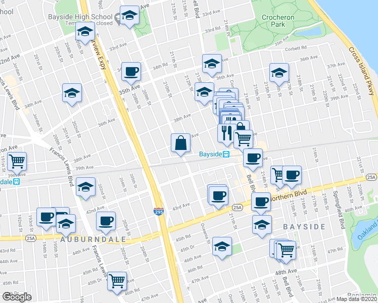 map of restaurants, bars, coffee shops, grocery stores, and more near 39-14 211th Street in Queens