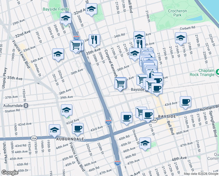 map of restaurants, bars, coffee shops, grocery stores, and more near 38-34 209th Street in Queens