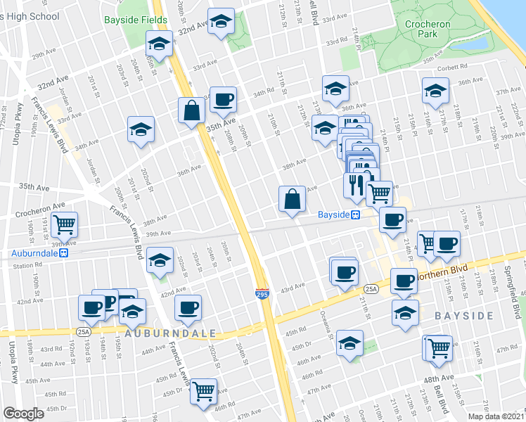 map of restaurants, bars, coffee shops, grocery stores, and more near 38-34 209th Street in Queens