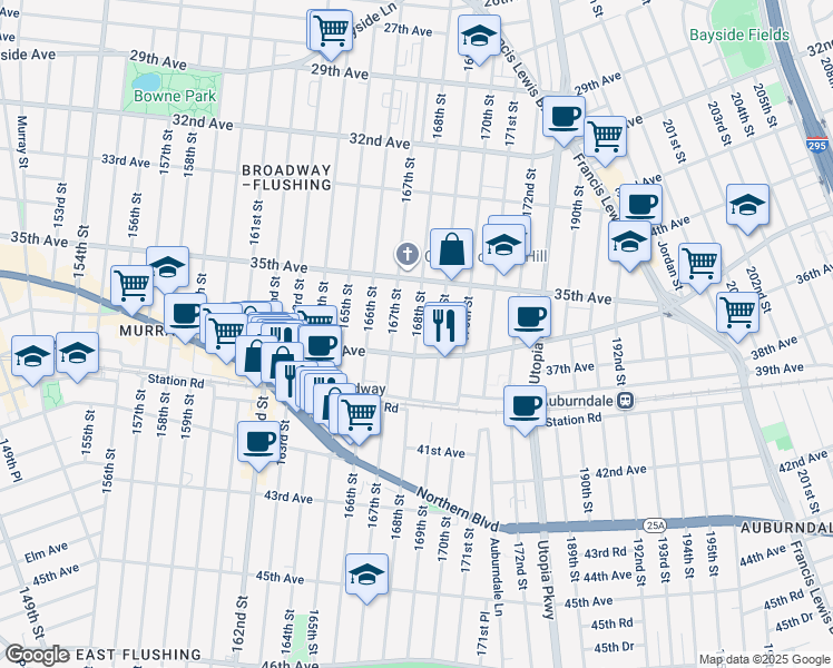 map of restaurants, bars, coffee shops, grocery stores, and more near 35-35 167th Street in Queens
