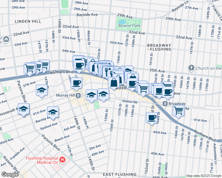 map of restaurants, bars, coffee shops, grocery stores, and more near 15415 Roosevelt Avenue in Queens