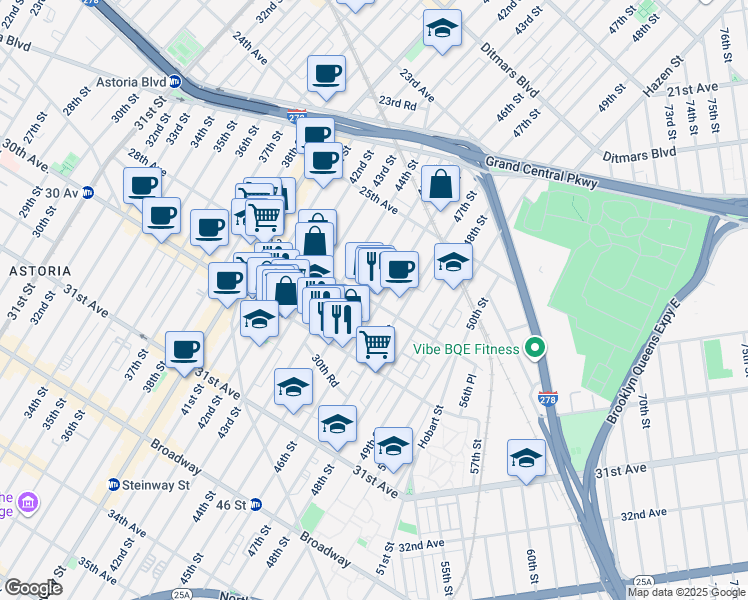 map of restaurants, bars, coffee shops, grocery stores, and more near 25-92 45th Street in Queens