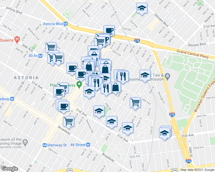 map of restaurants, bars, coffee shops, grocery stores, and more near in Queens