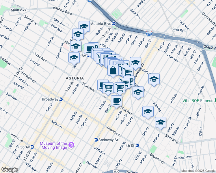 map of restaurants, bars, coffee shops, grocery stores, and more near 30-44 36th Street in Queens