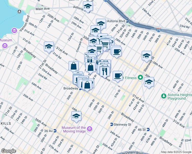 map of restaurants, bars, coffee shops, grocery stores, and more near in Queens