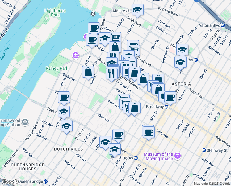 map of restaurants, bars, coffee shops, grocery stores, and more near 21-17 33rd Road in Queens