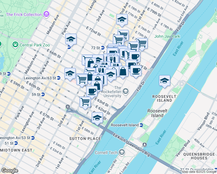 map of restaurants, bars, coffee shops, grocery stores, and more near 418 East 67th Street in New York