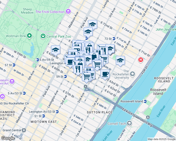 map of restaurants, bars, coffee shops, grocery stores, and more near 210 East 64th Street in New York