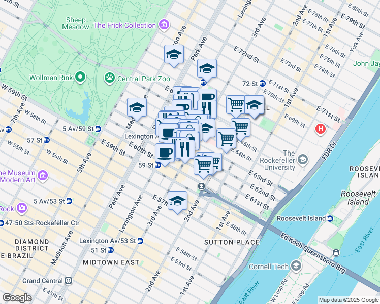 map of restaurants, bars, coffee shops, grocery stores, and more near 1051 3rd Avenue in New York