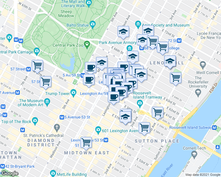 map of restaurants, bars, coffee shops, grocery stores, and more near 115 East 61st Street in New York